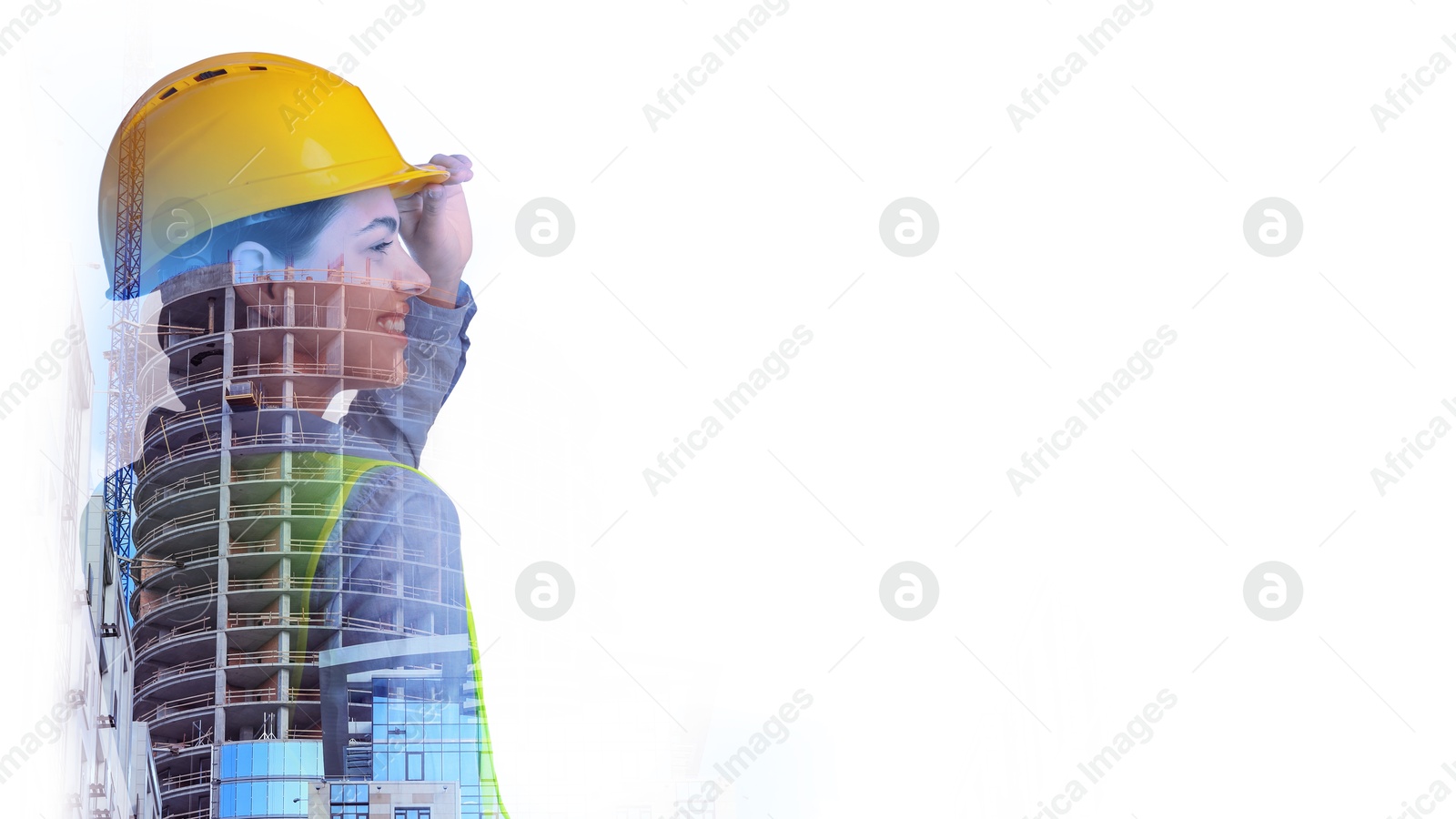 Image of Engineer and unfinished building on white background, double exposure. Banner design with space for text