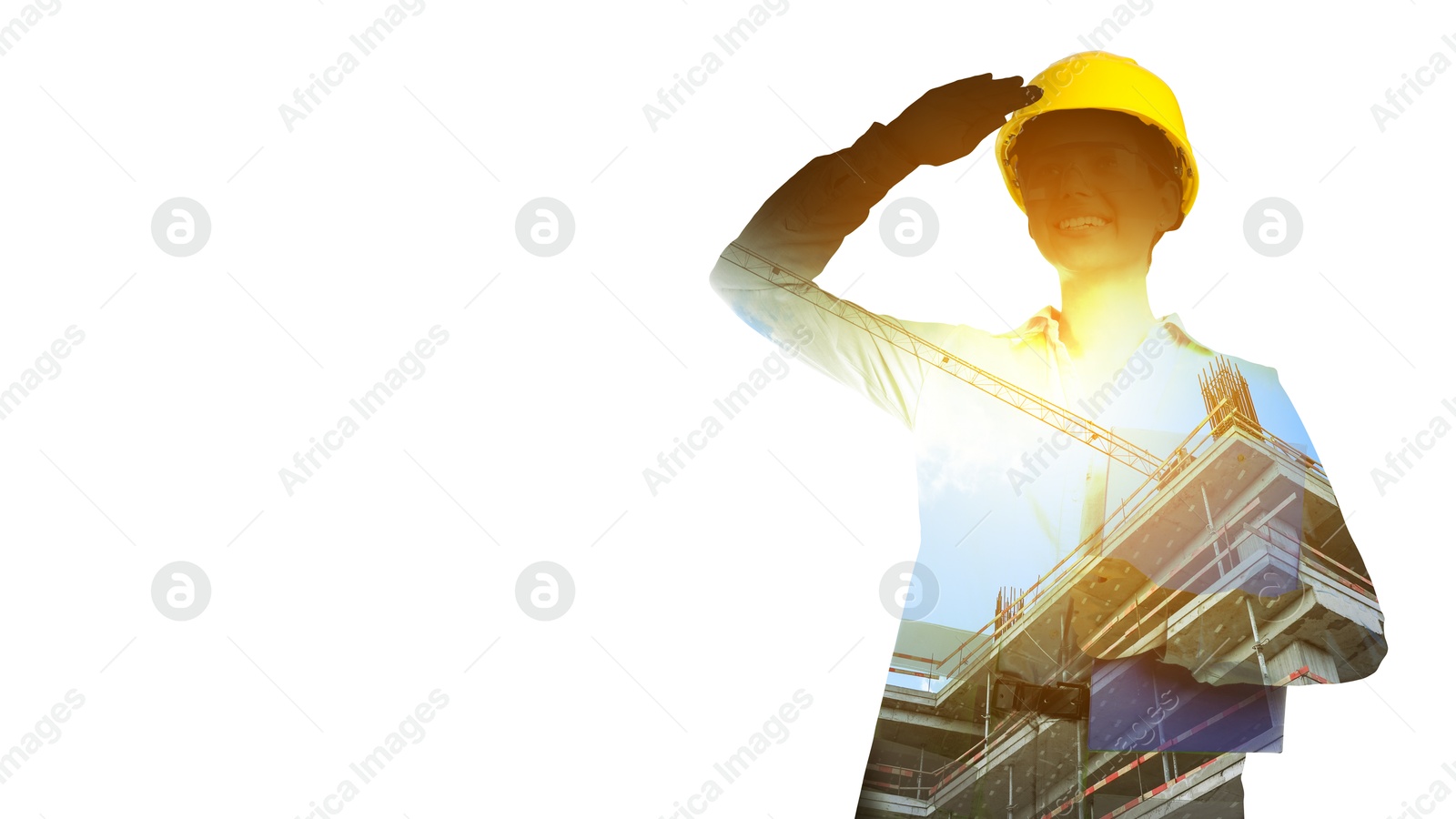 Image of Engineer and unfinished building on white background, double exposure. Banner design with space for text