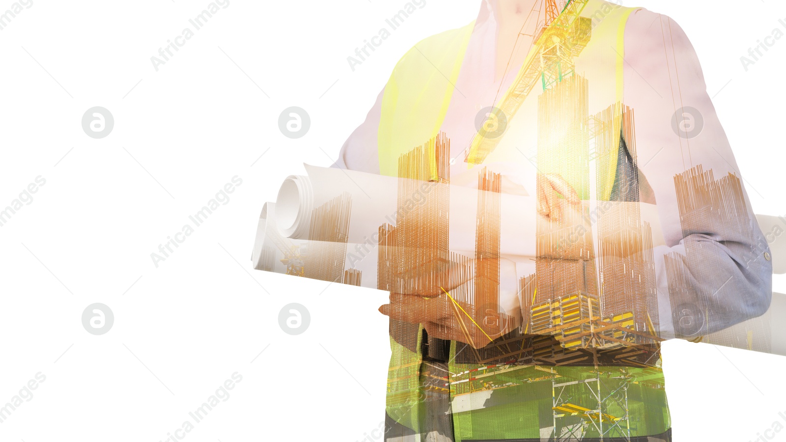 Image of Engineer and unfinished building on white background, double exposure. Banner design with space for text