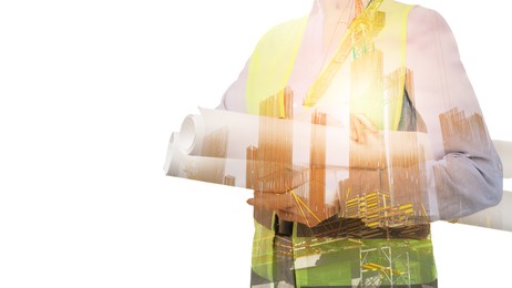 Image of Engineer and unfinished building on white background, double exposure. Banner design with space for text