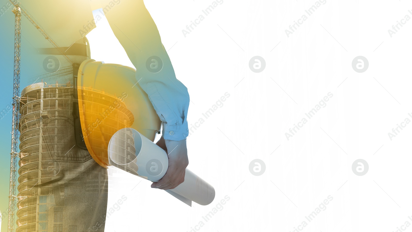 Image of Engineer and unfinished building on white background, double exposure. Banner design with space for text