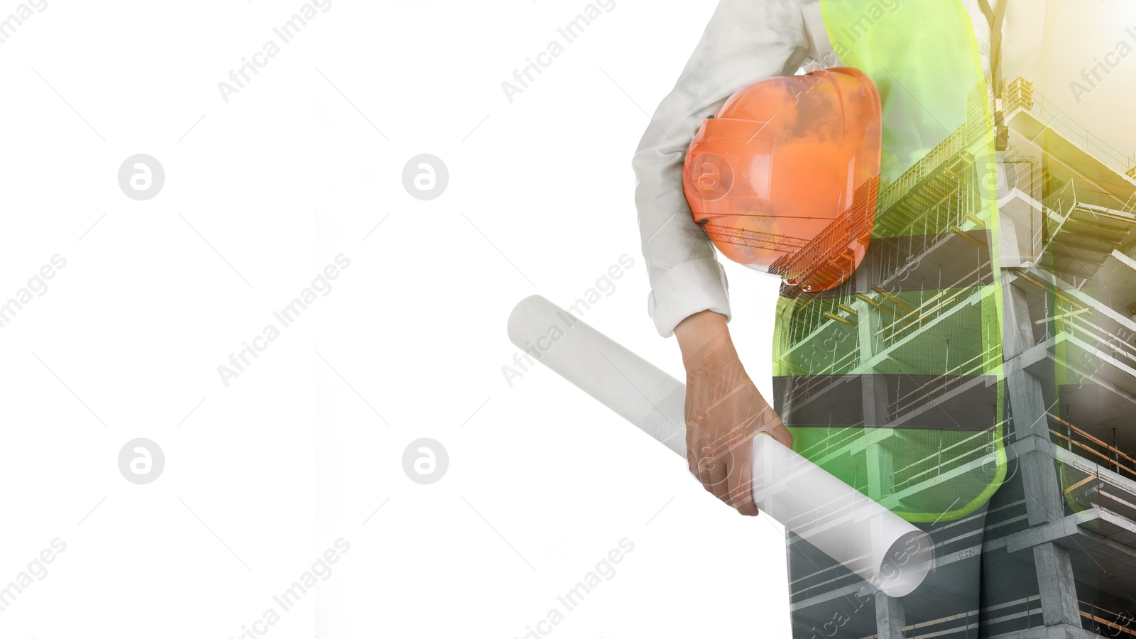 Image of Engineer and unfinished building on white background, double exposure. Banner design with space for text