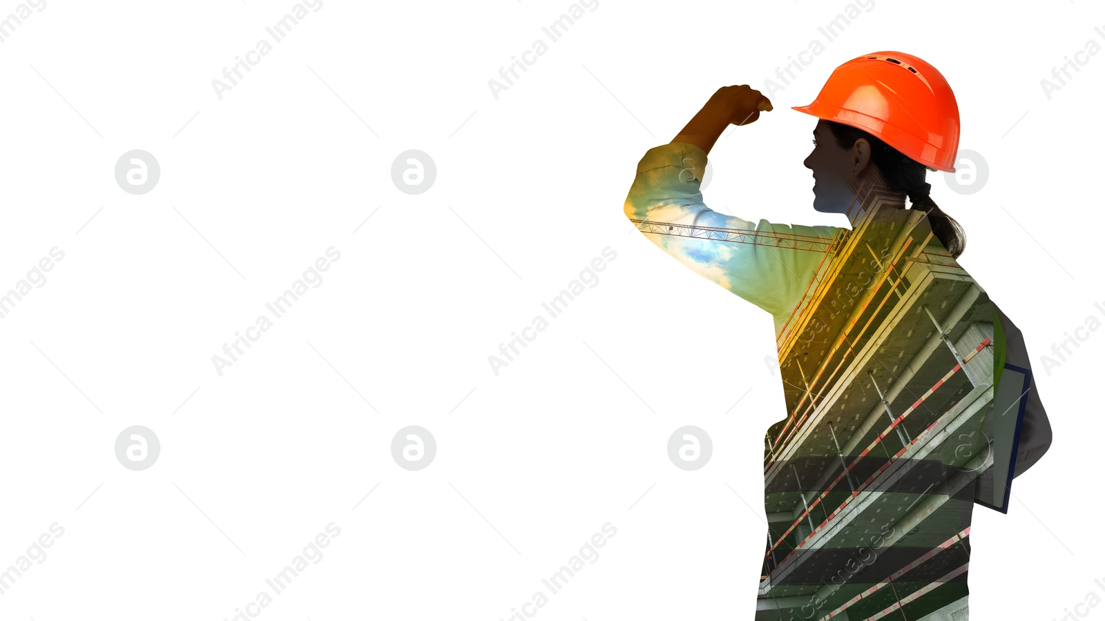 Image of Engineer and unfinished building on white background, double exposure. Banner design with space for text