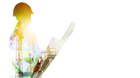 Image of Engineer and unfinished building on white background, double exposure. Banner design with space for text