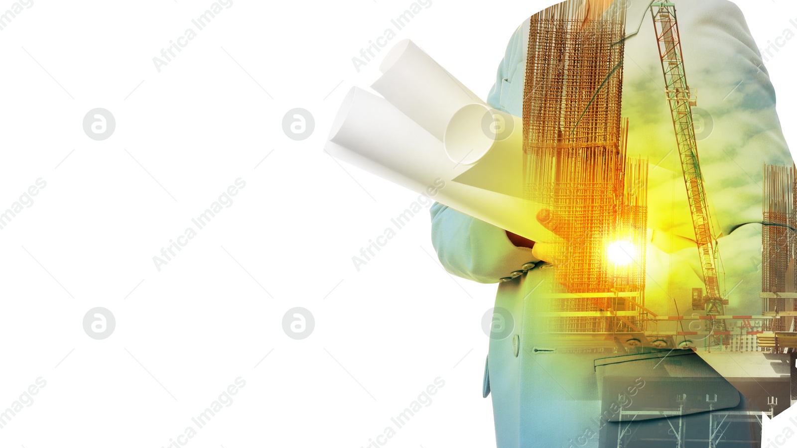 Image of Engineer and unfinished building on white background, double exposure. Banner design with space for text