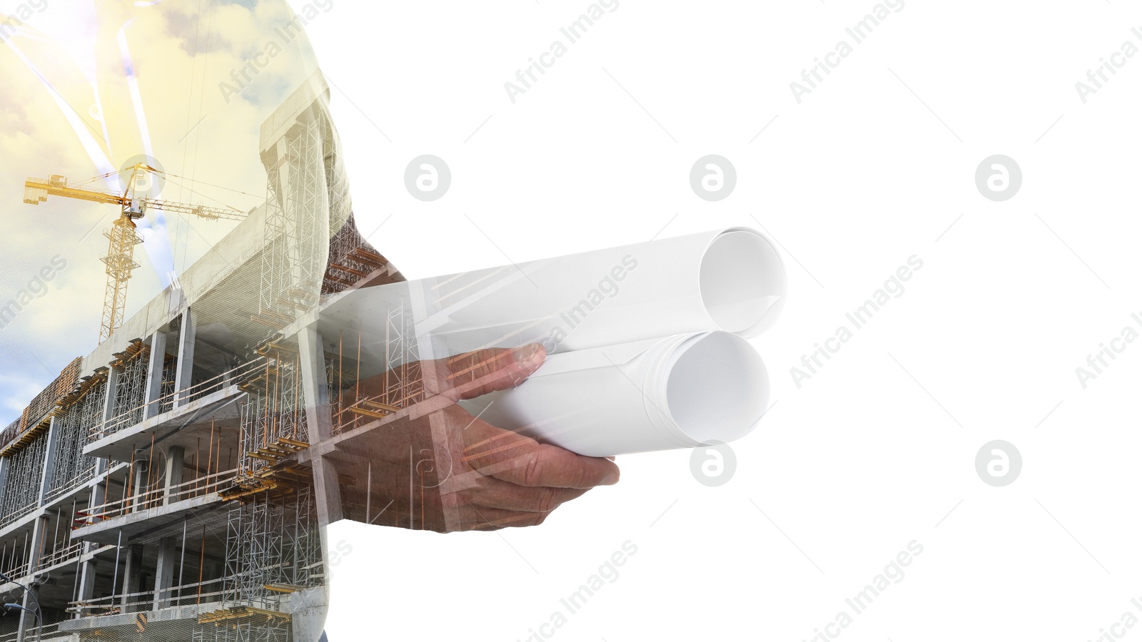 Image of Engineer and unfinished building on white background, double exposure. Banner design with space for text