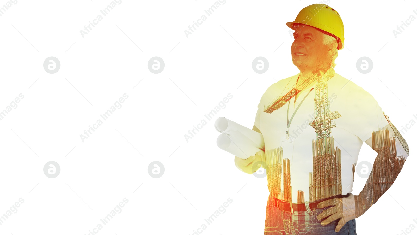 Image of Engineer and unfinished building on white background, double exposure. Banner design with space for text