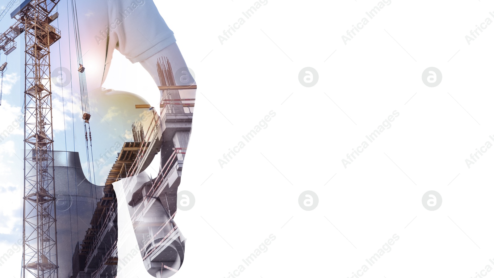 Image of Engineer and unfinished building on white background, double exposure. Banner design with space for text