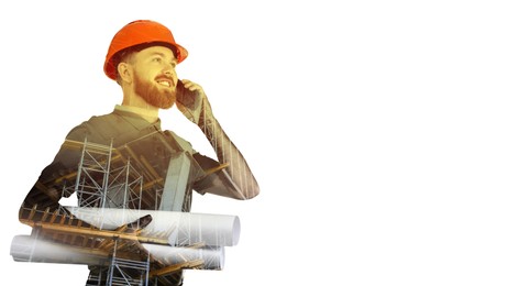 Engineer and unfinished building on white background, double exposure. Banner design with space for text