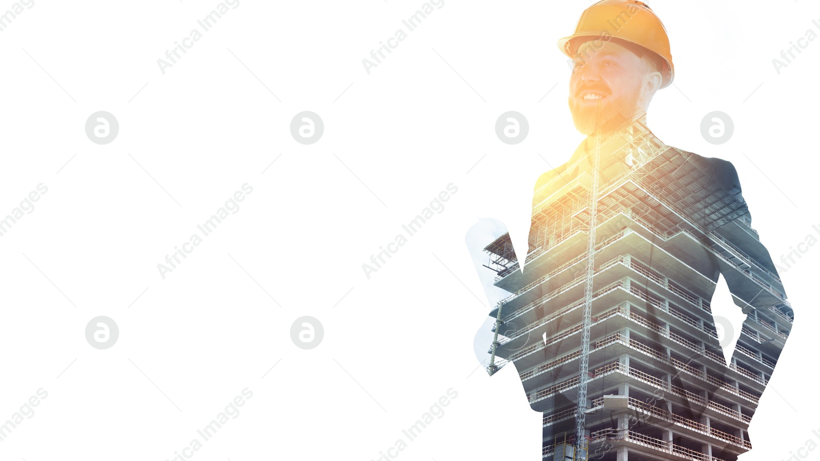 Image of Engineer and unfinished building on white background, double exposure. Banner design with space for text