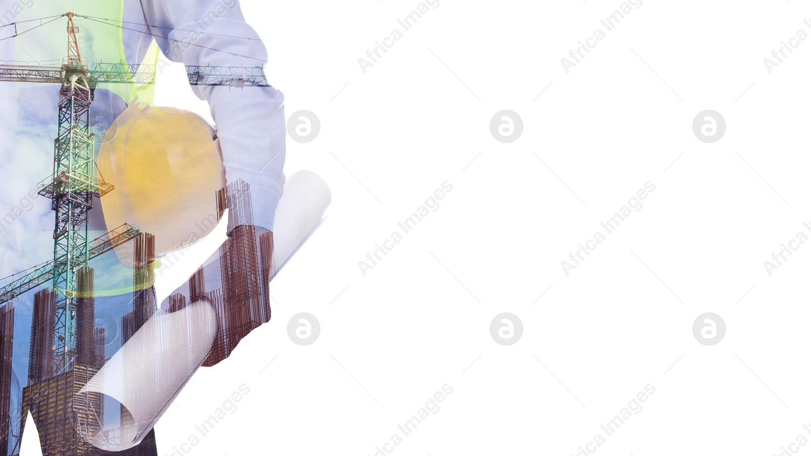 Image of Engineer and unfinished building on white background, double exposure. Banner design with space for text