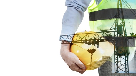 Image of Engineer and unfinished building on white background, double exposure. Banner design with space for text