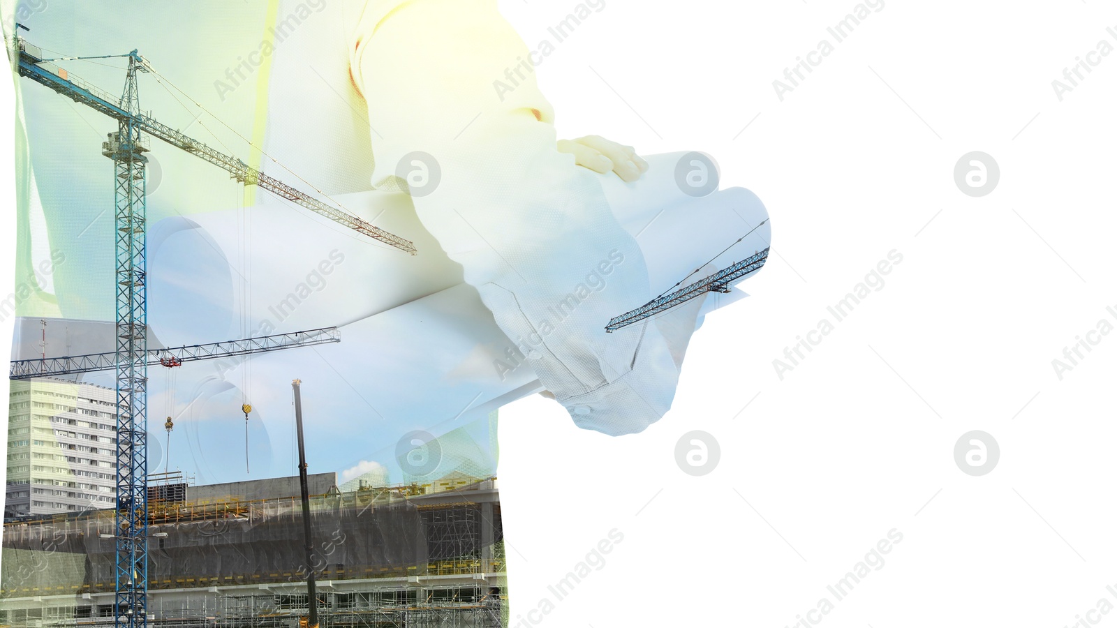 Image of Engineer and unfinished building on white background, double exposure. Banner design with space for text