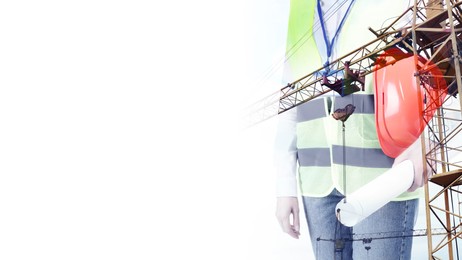 Engineer and tower crane on white background, double exposure. Banner design with space for text