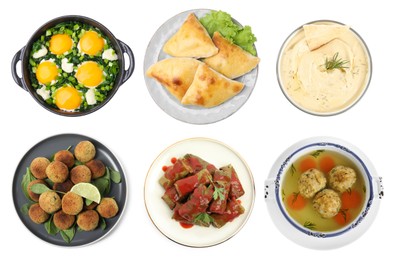 Image of Hummus, shakshuka, samosas, falafel balls, sarma and matzo balls on white background, top view. Collection with dishes of different national traditional cuisines