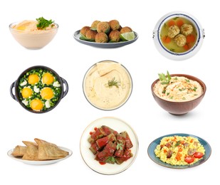 Image of Hummus, samosas, falafel balls, sarma, matzo balls, shakshuka and pilaf on white background. Collection with dishes of different national traditional cuisines