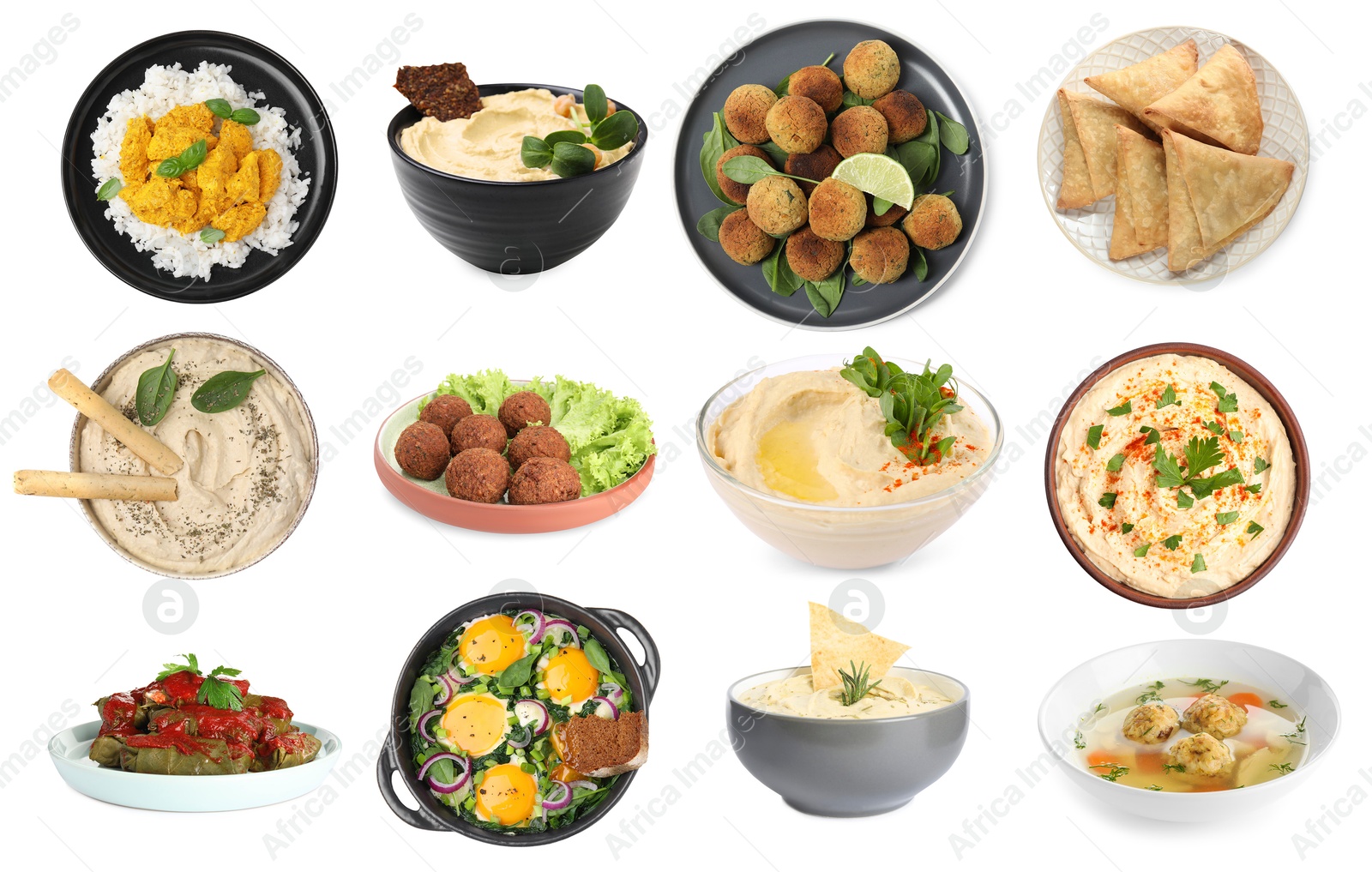 Image of Hummus, samosas, falafel balls, sarma, matzo balls, shakshuka and rice with curry on white background. Collection with dishes of different national traditional cuisines