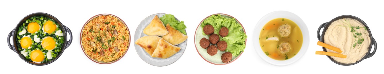 Image of Hummus, shakshuka, samosas, falafel balls, pilaf and matzo balls on white background, top view. Collection with dishes of different national traditional cuisines