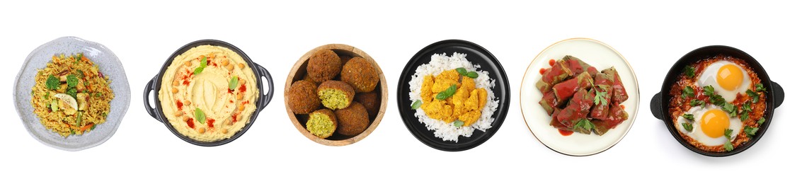 Image of Hummus, shakshuka, falafel balls, pilaf, sarma and rice with curry on white background, top view. Collection with dishes of different national traditional cuisines