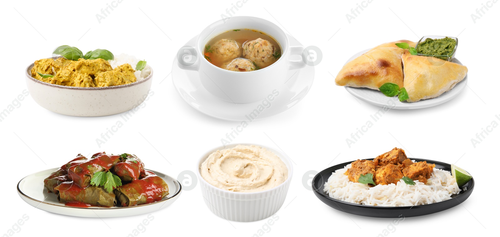 Image of Hummus, samosas, sarma, matzo balls and rice with curry on white background. Collection with dishes of different national traditional cuisines