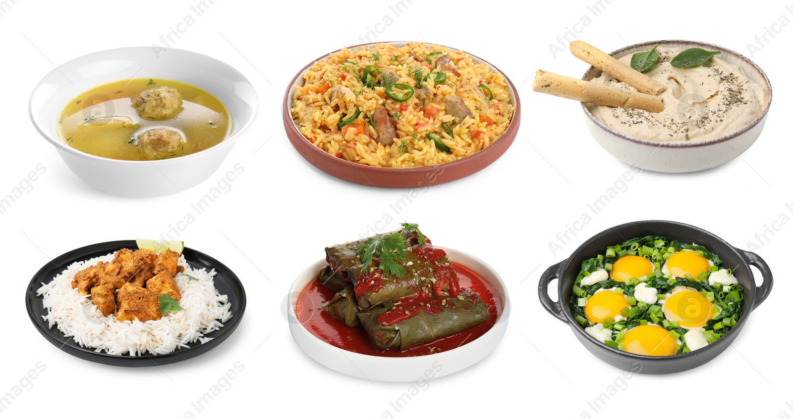 Image of Hummus, sarma, matzo balls, pilaf, shakshuka and rice with curry on white background. Collection with dishes of different national traditional cuisines