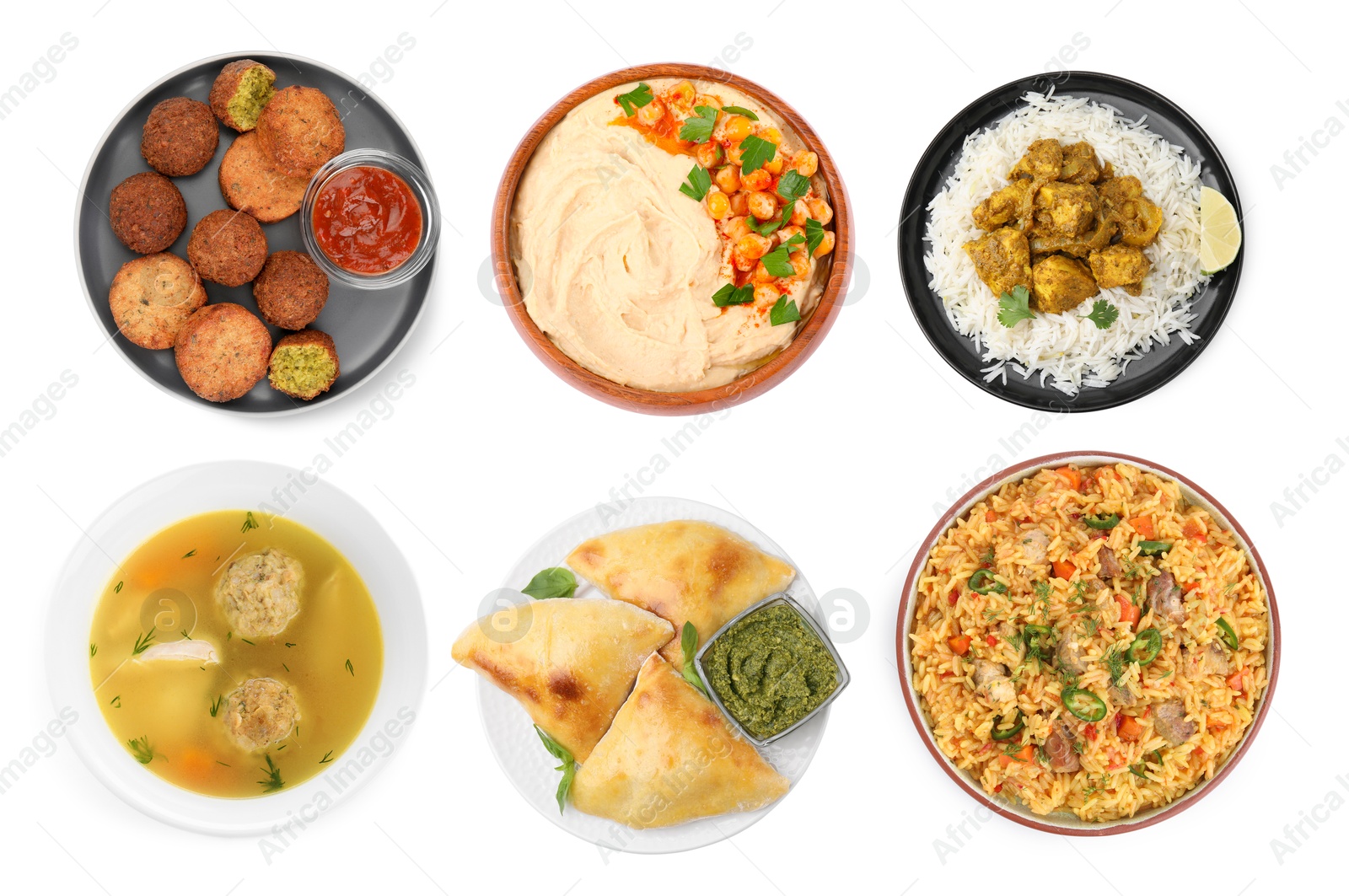 Image of Hummus, samosas, falafel balls, pilaf, matzo balls and rice with curry on white background, top view. Collection with dishes of different national traditional cuisines