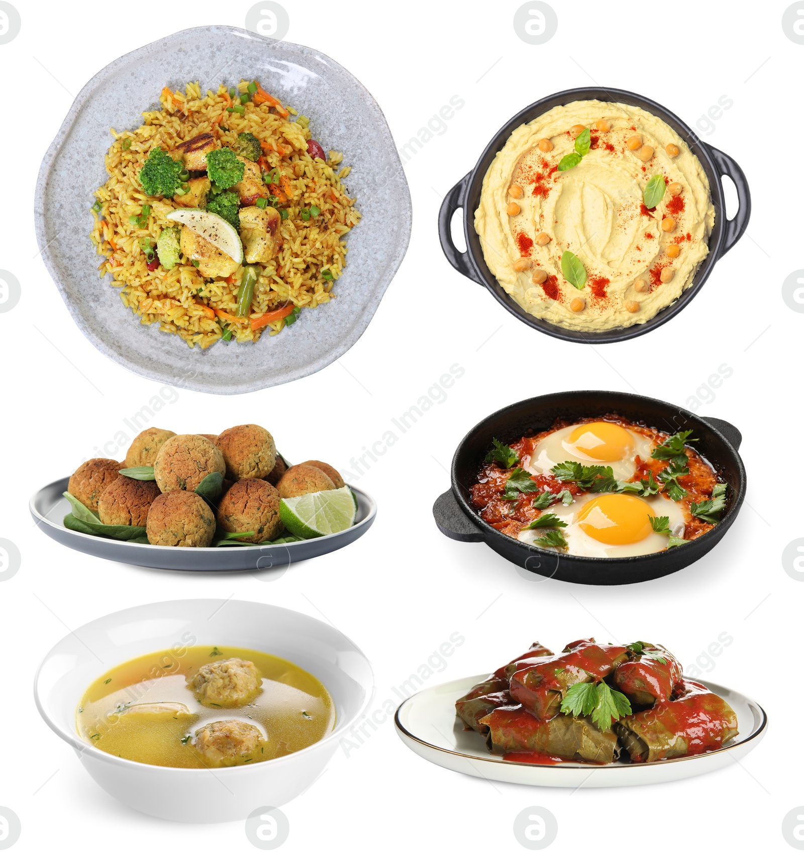 Image of Hummus, falafel balls, sarma, matzo balls, shakshuka and pilaf on white background. Collection with dishes of different national traditional cuisines