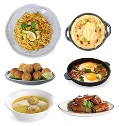 Image of Hummus, falafel balls, sarma, matzo balls, shakshuka and pilaf on white background. Collection with dishes of different national traditional cuisines