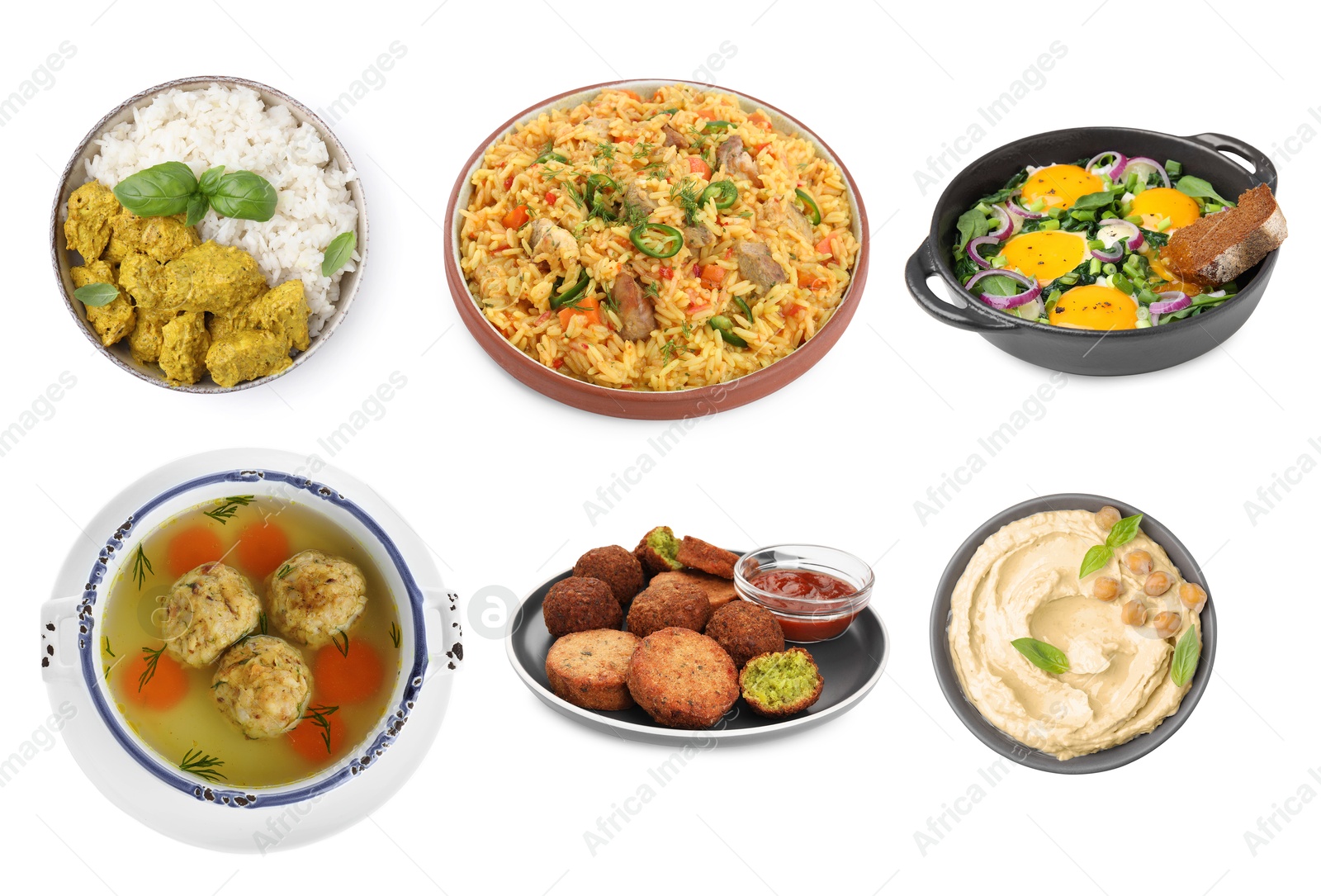 Image of Hummus, falafel balls, matzo balls, pilaf, shakshuka and rice with curry on white background. Collection with dishes of different national traditional cuisines