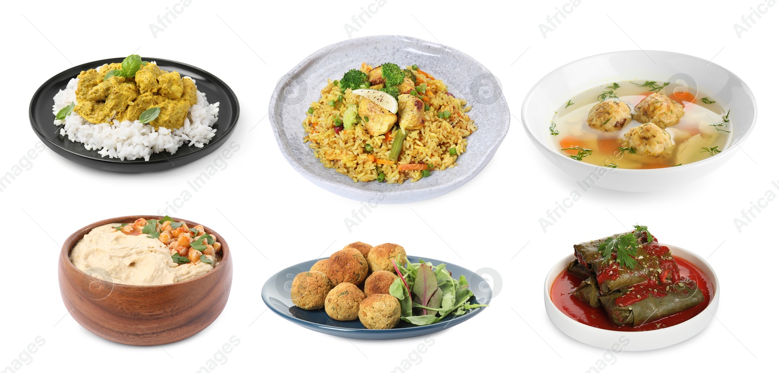 Image of Hummus, falafel balls, sarma, matzo balls, pilaf and rice with curry on white background. Collection with dishes of different national traditional cuisines