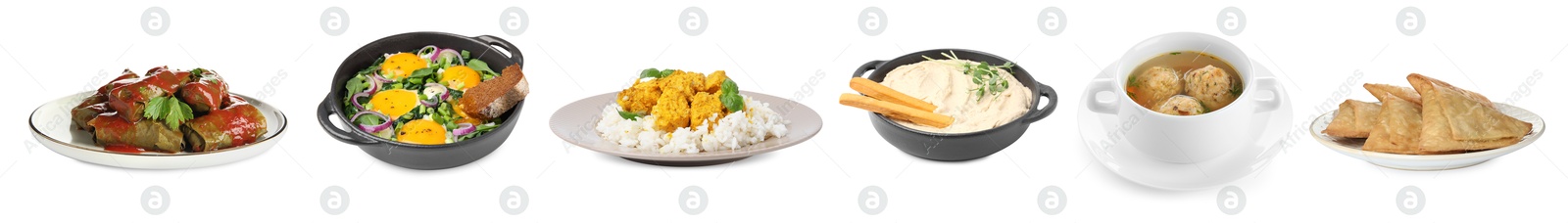 Image of Hummus, samosas, sarma, matzo balls, shakshuka and rice with curry on white background. Collection with dishes of different national traditional cuisines