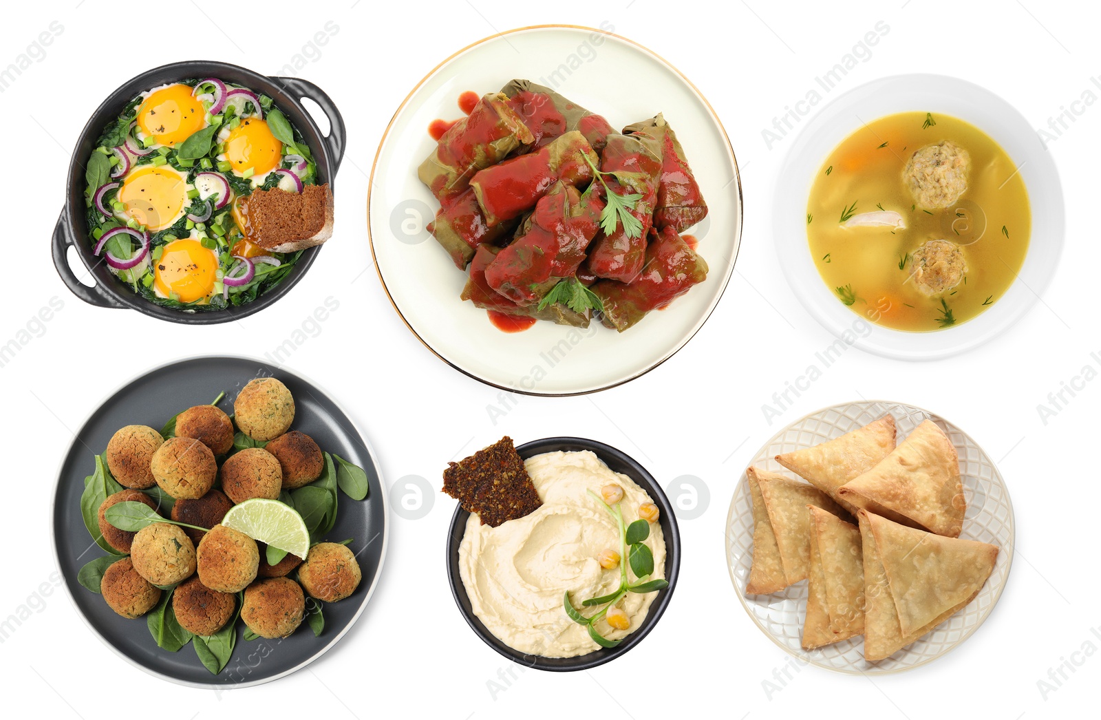 Image of Hummus, samosas, falafel balls, shakshuka, matzo balls and sarma on white background, top view. Collection with dishes of different national traditional cuisines