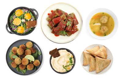 Image of Hummus, samosas, falafel balls, shakshuka, matzo balls and sarma on white background, top view. Collection with dishes of different national traditional cuisines