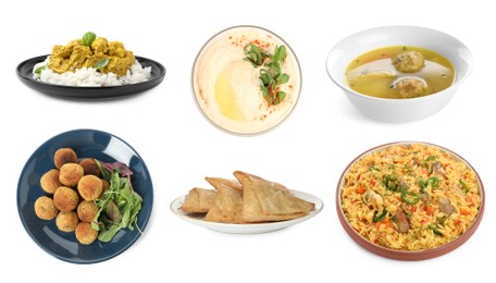 Image of Hummus, samosas, falafel balls, pilaf, matzo balls and rice with curry on white background. Collection with dishes of different national traditional cuisines