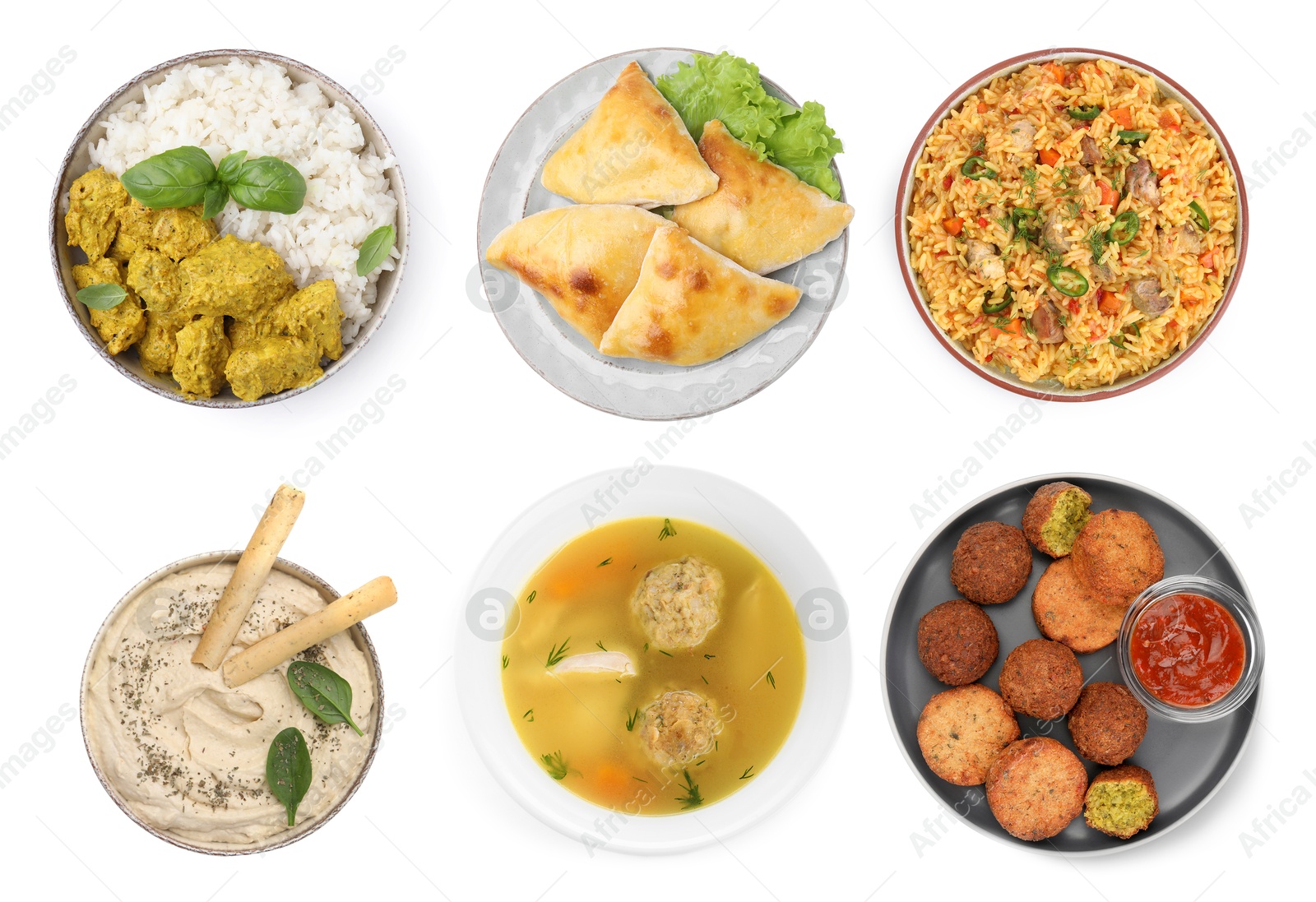 Image of Hummus, samosas, falafel balls, pilaf, matzo balls and rice with curry on white background, top view. Collection with dishes of different national traditional cuisines