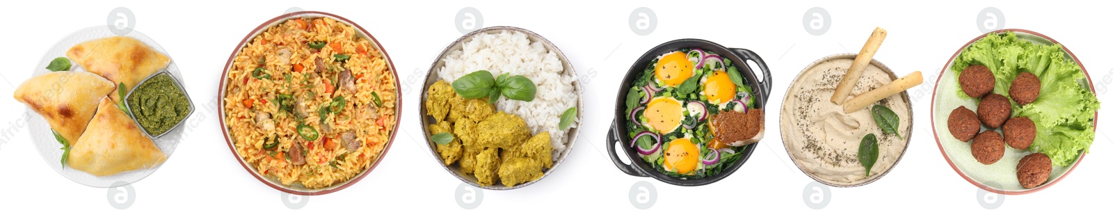 Image of Hummus, samosas, falafel balls, pilaf, shakshuka and rice with curry on white background, top view. Collection with dishes of different national traditional cuisines