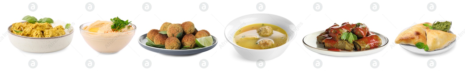 Image of Hummus, samosas, falafel balls, sarma, matzo balls and rice with curry on white background. Collection with dishes of different national traditional cuisines