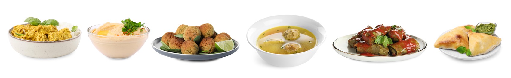 Image of Hummus, samosas, falafel balls, sarma, matzo balls and rice with curry on white background. Collection with dishes of different national traditional cuisines