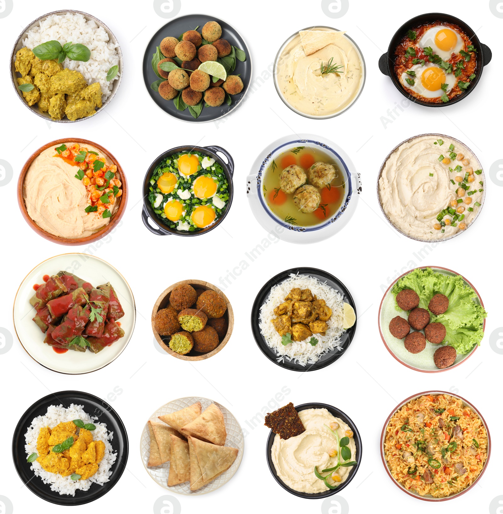 Image of Hummus and other dishes of different national traditional cuisines on white background, top view. Collection