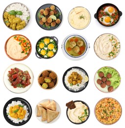 Image of Hummus and other dishes of different national traditional cuisines on white background, top view. Collection