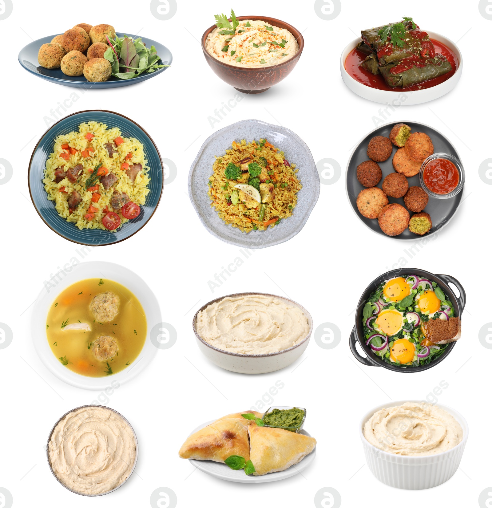 Image of Hummus and other dishes of different national traditional cuisines on white background. Collection