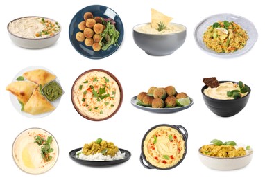 Image of Hummus and other dishes of different national traditional cuisines on white background. Collection