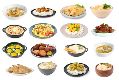 Image of Hummus and other dishes of different national traditional cuisines on white background. Collection