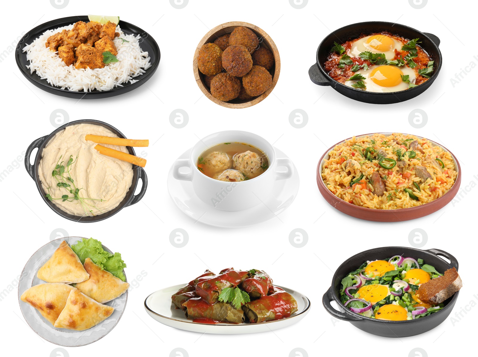 Image of Hummus and other dishes of different national traditional cuisines on white background. Collection