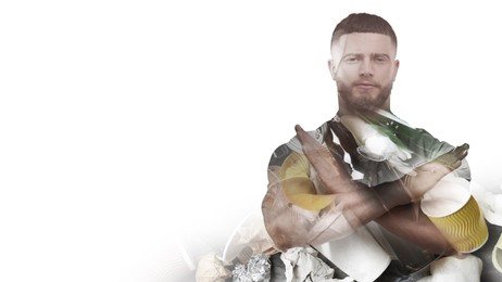 Man showing stop gesture on white background, double exposure with pile of different garbage. Environmental pollution, banner design with space for text