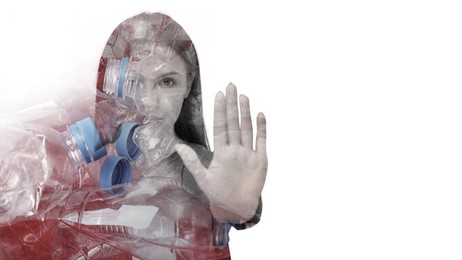 Image of Woman showing stop gesture on white background, double exposure with pile of plastic bottles. Environmental pollution, banner design with space for text