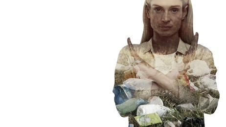 Woman showing stop gesture on white background, double exposure with pile of different garbage. Environmental pollution, banner design with space for text