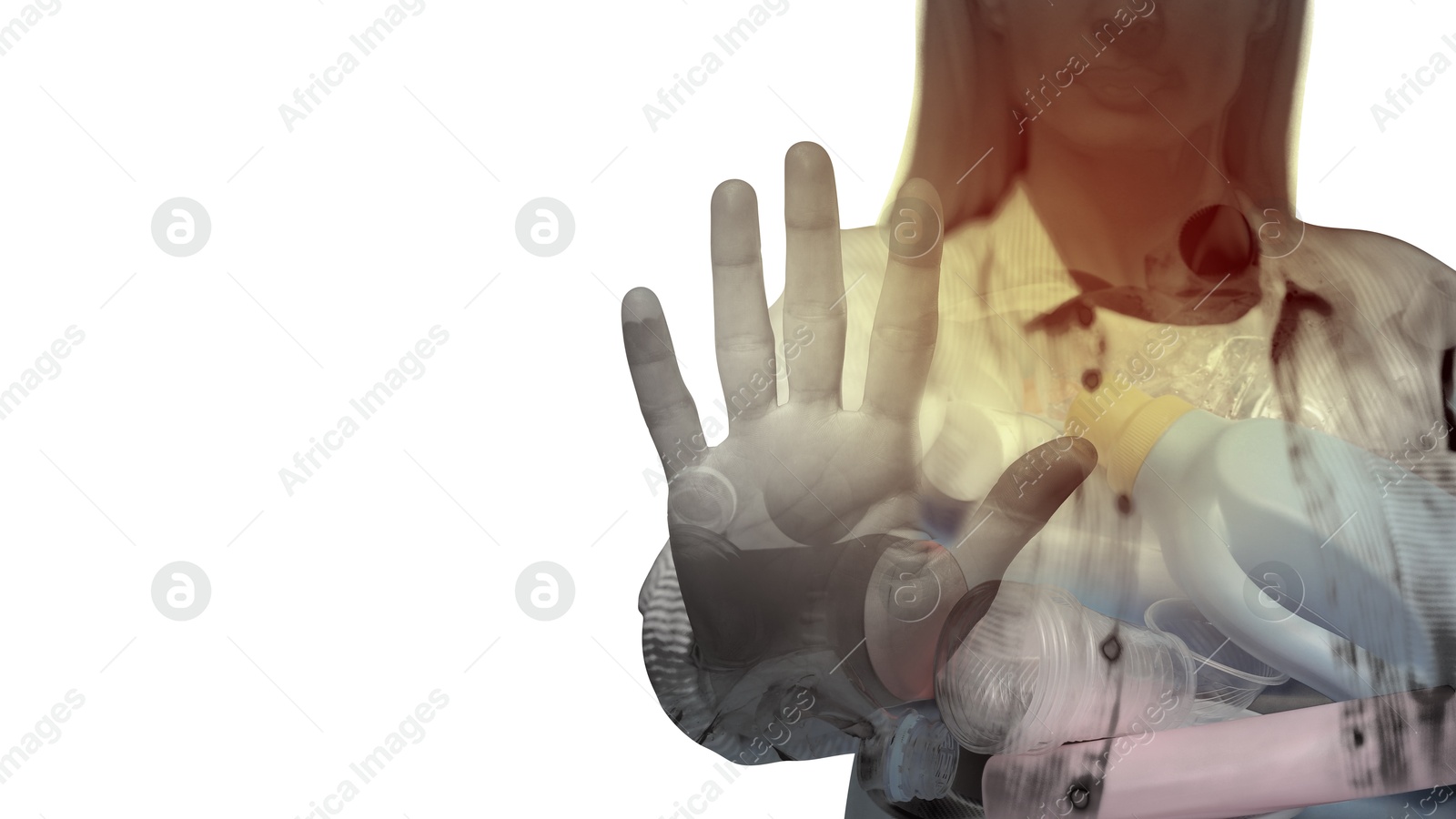 Image of Woman showing stop gesture on white background, double exposure with pile of different garbage. Environmental pollution, banner design with space for text