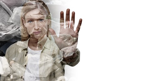 Image of Woman showing stop gesture on white background, double exposure with pile of different garbage. Environmental pollution, banner design with space for text