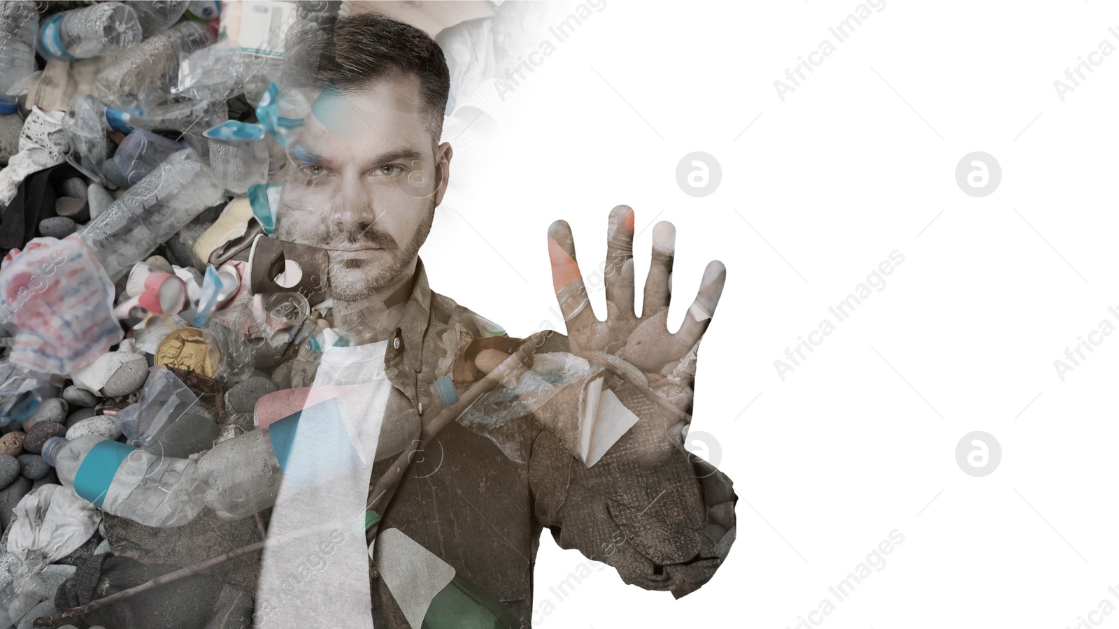 Image of Man showing stop gesture on white background, double exposure with pile of different garbage. Environmental pollution, banner design with space for text